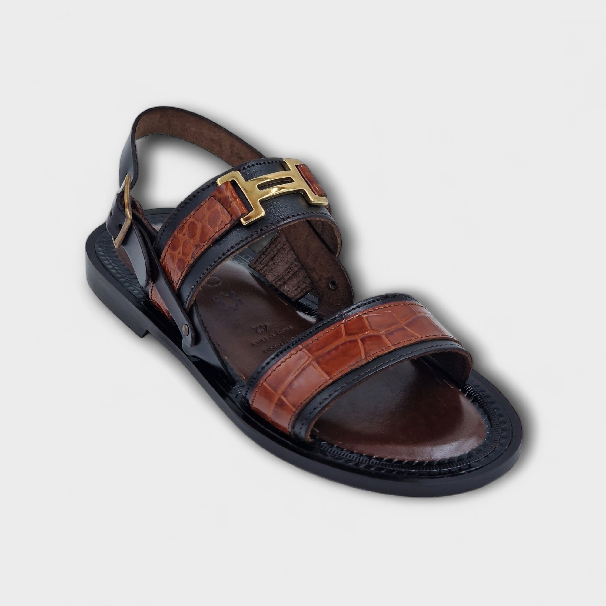 Luxury Black Brown Imperia H-Buckle Italian Mens Sandals Handmade Leather