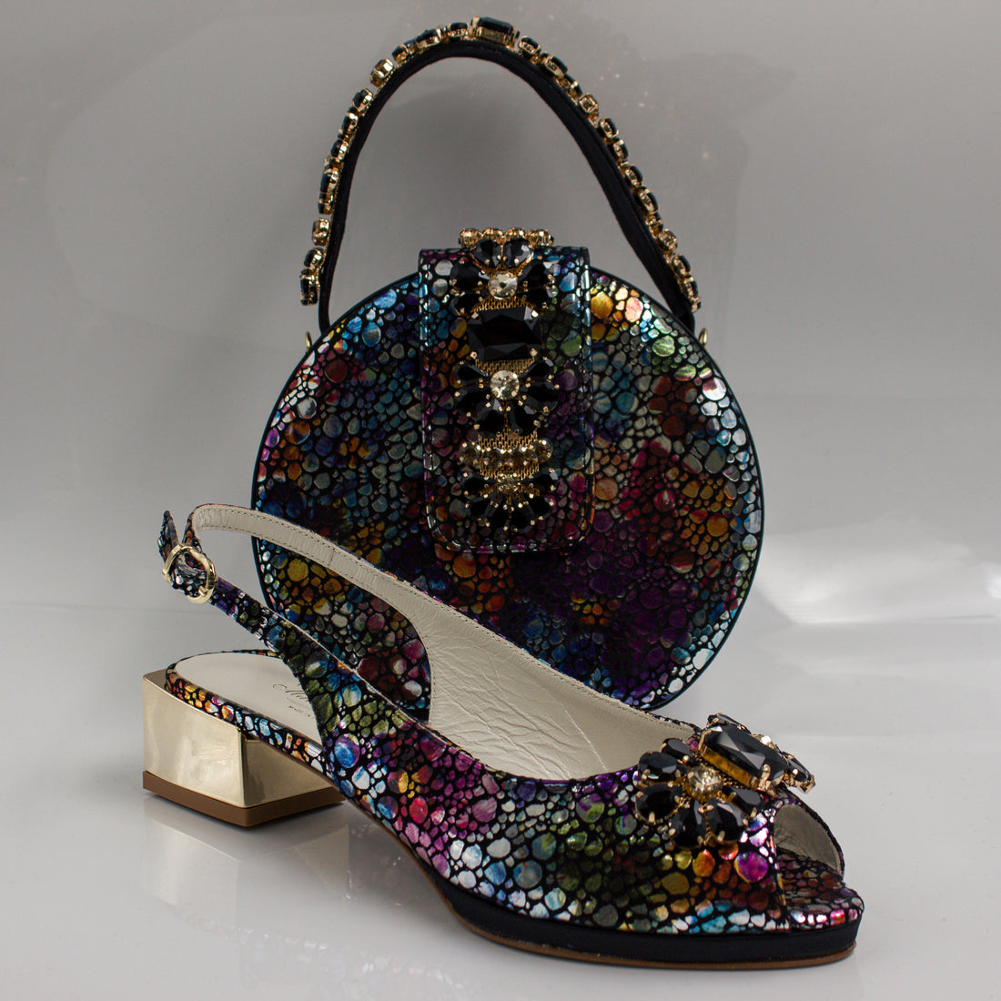 Midnight Multi Regal Crystal Mama Set — Italian Shoe and Bag Set — Classic Shoes London