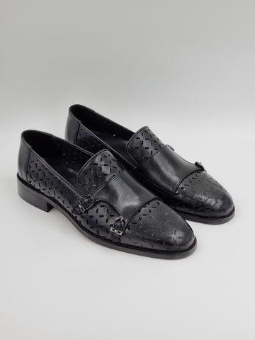 Black Perforated Monk Strap Loafers