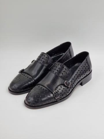 Black Perforated Monk Strap Loafers