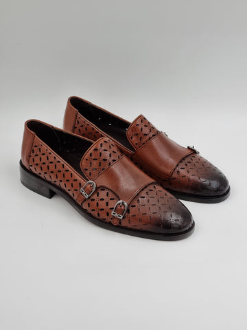 Brown Perforated Monk Strap Loafers