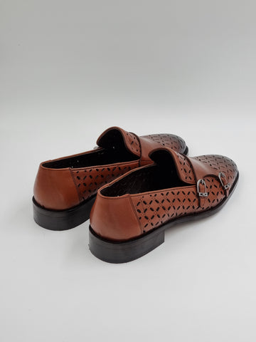 Brown Perforated Monk Strap Loafers
