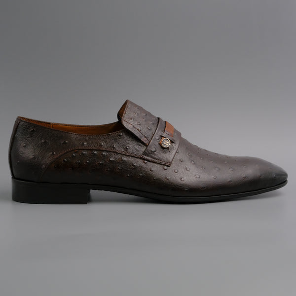 Chocolate Ostrich Tan Strap Shoes