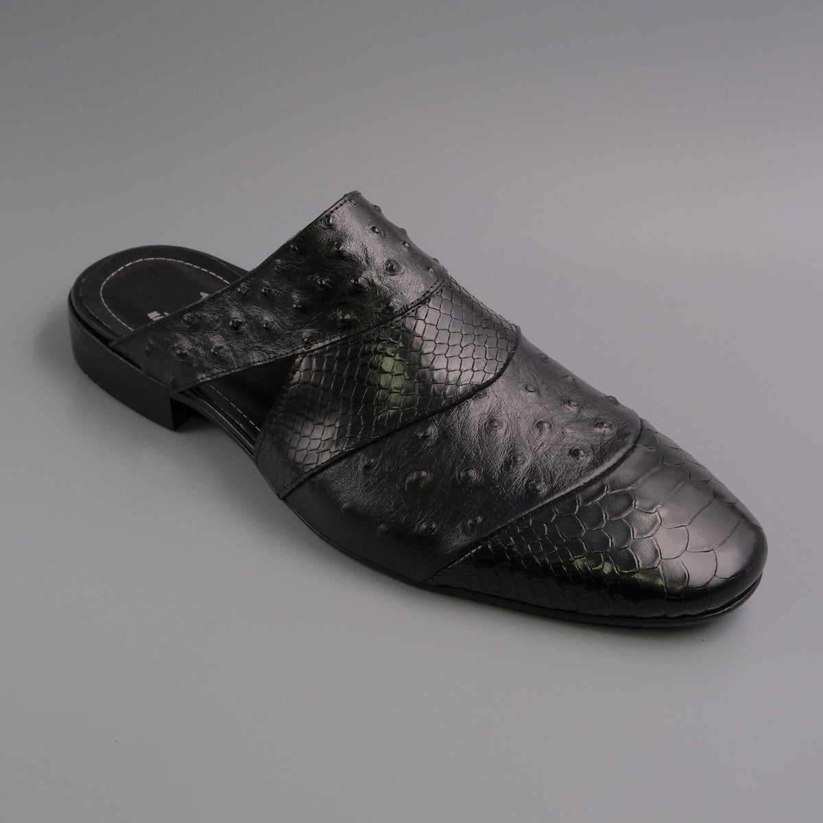 Black Ostrich Snake Layered Mules