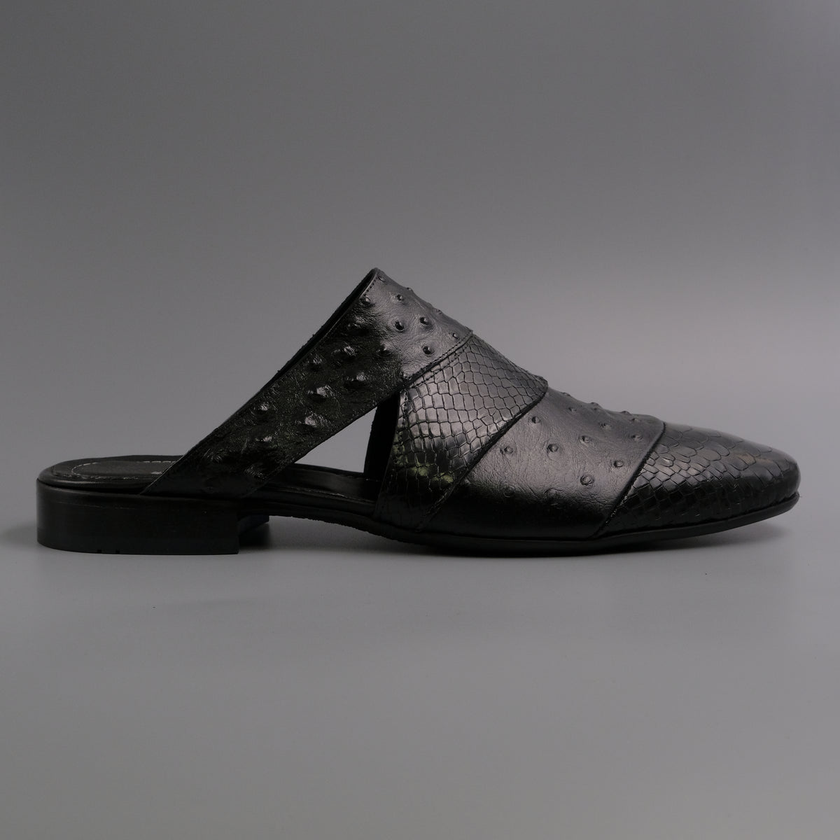 Black Ostrich Snake Layered Mules