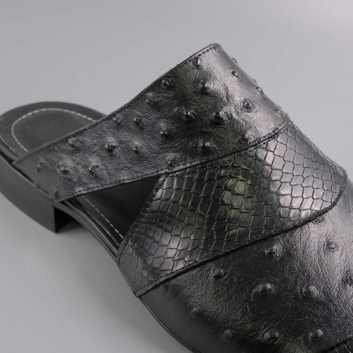 Black Ostrich Snake Layered Mules