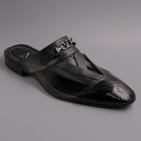 Black Woven Patent Toe Half Shoes