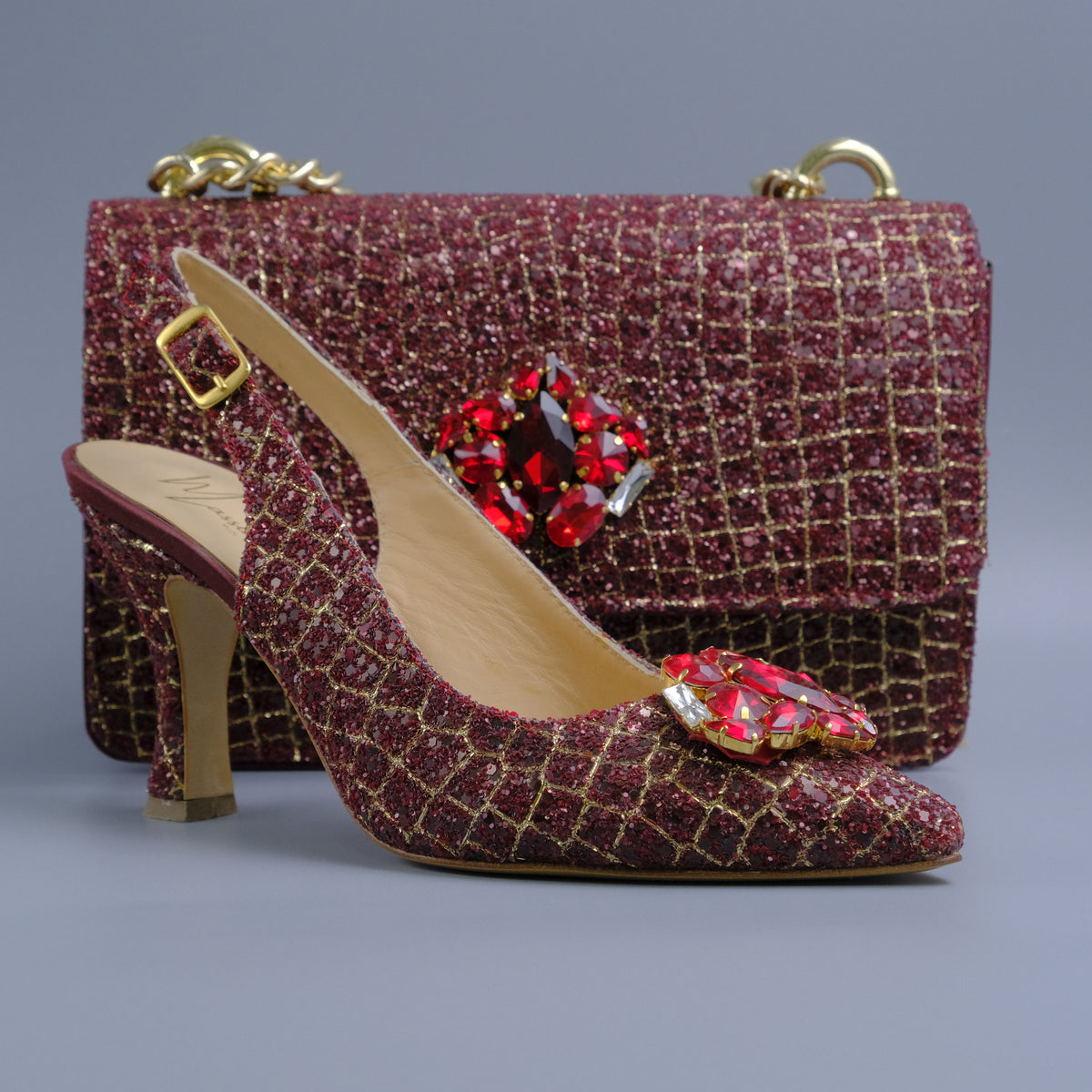 Burgundy/Gold Glittered Jewel Covered Set