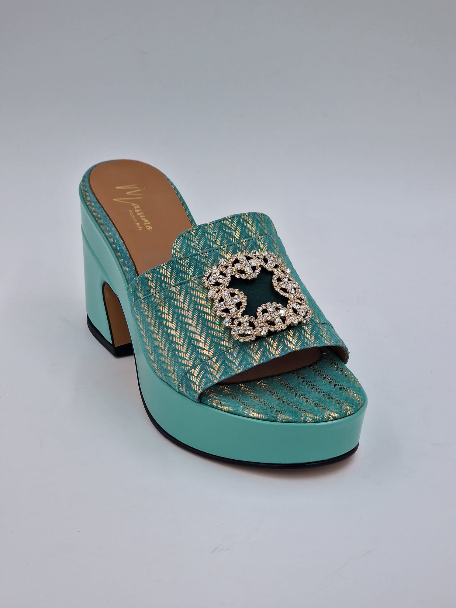 Mint/Gold Chevron Low Wedge Slippers