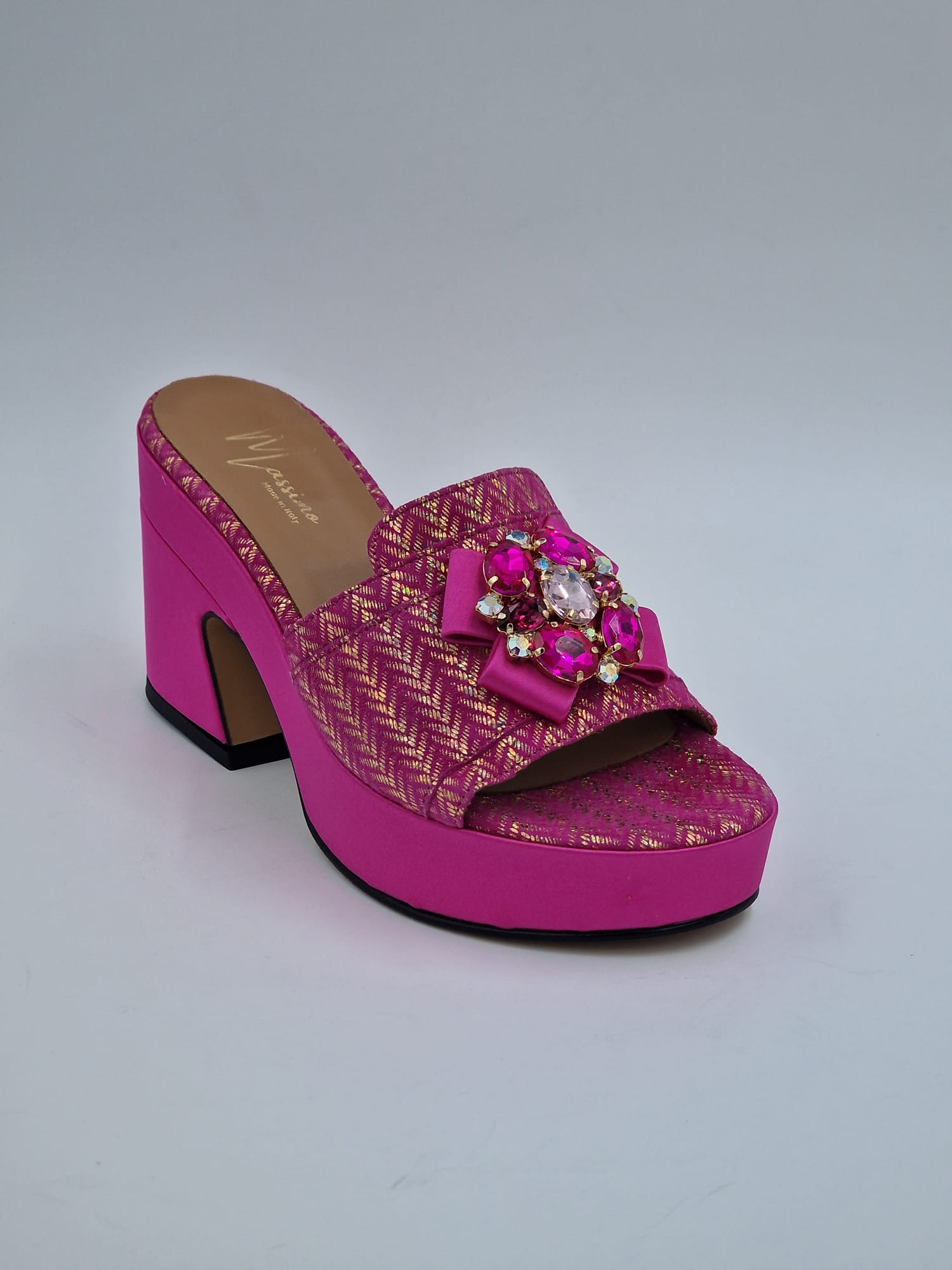 Fuchia Pink/Gold Chevron Low Wedge Slippers