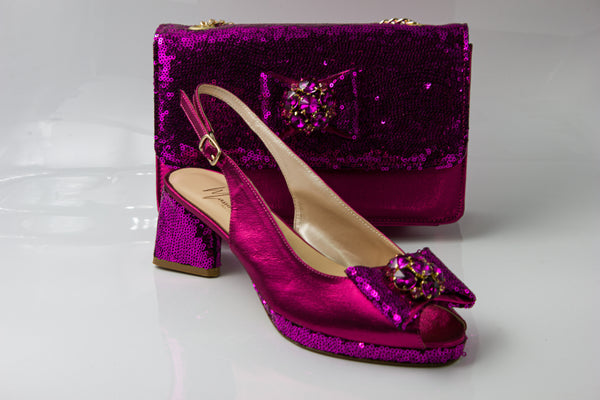 Magenta Sequined Set - Italian Shoe and Bag Set - Classic Shoes London