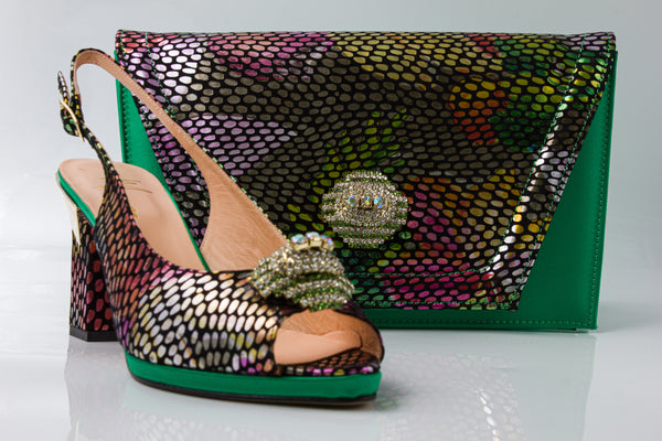 Green Multi Crystal Set - Italian Shoe and Bag Set - Classic Shoes London