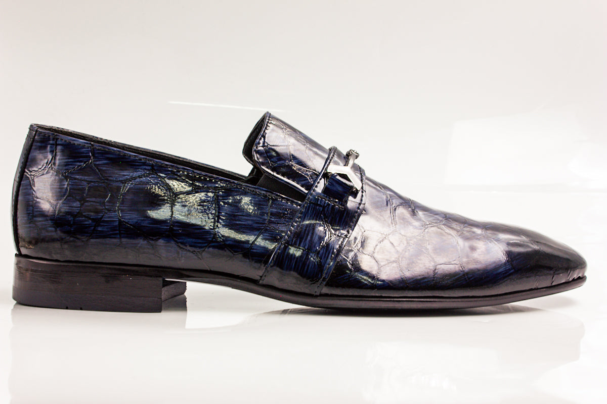 Patent Blue Stone Buckle Shoes