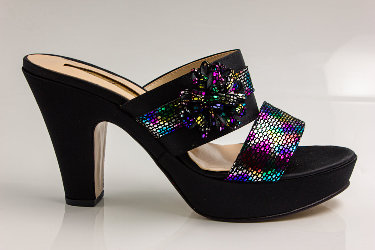 Black/Multi Double Strap Wedge Slippers