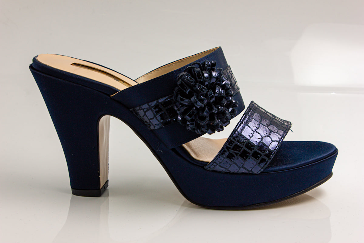 Navy Blue Double Strap Wedge Slippers