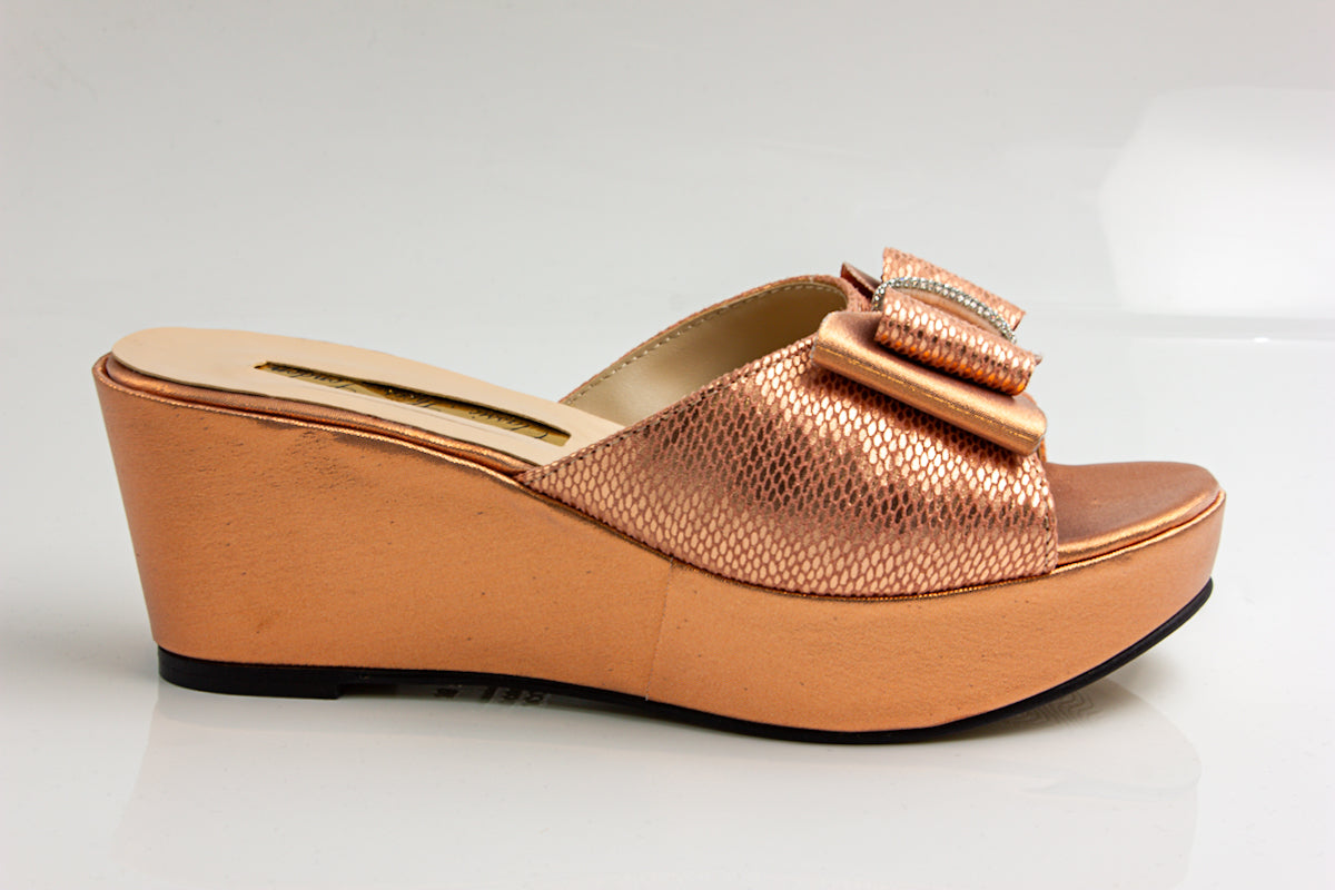 Peach/Rose Gold Bow Wedge Slippers