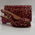 Burgundy Crackle Ornate Heel Set - Italian Shoe and Bag Set - Classic Shoes London