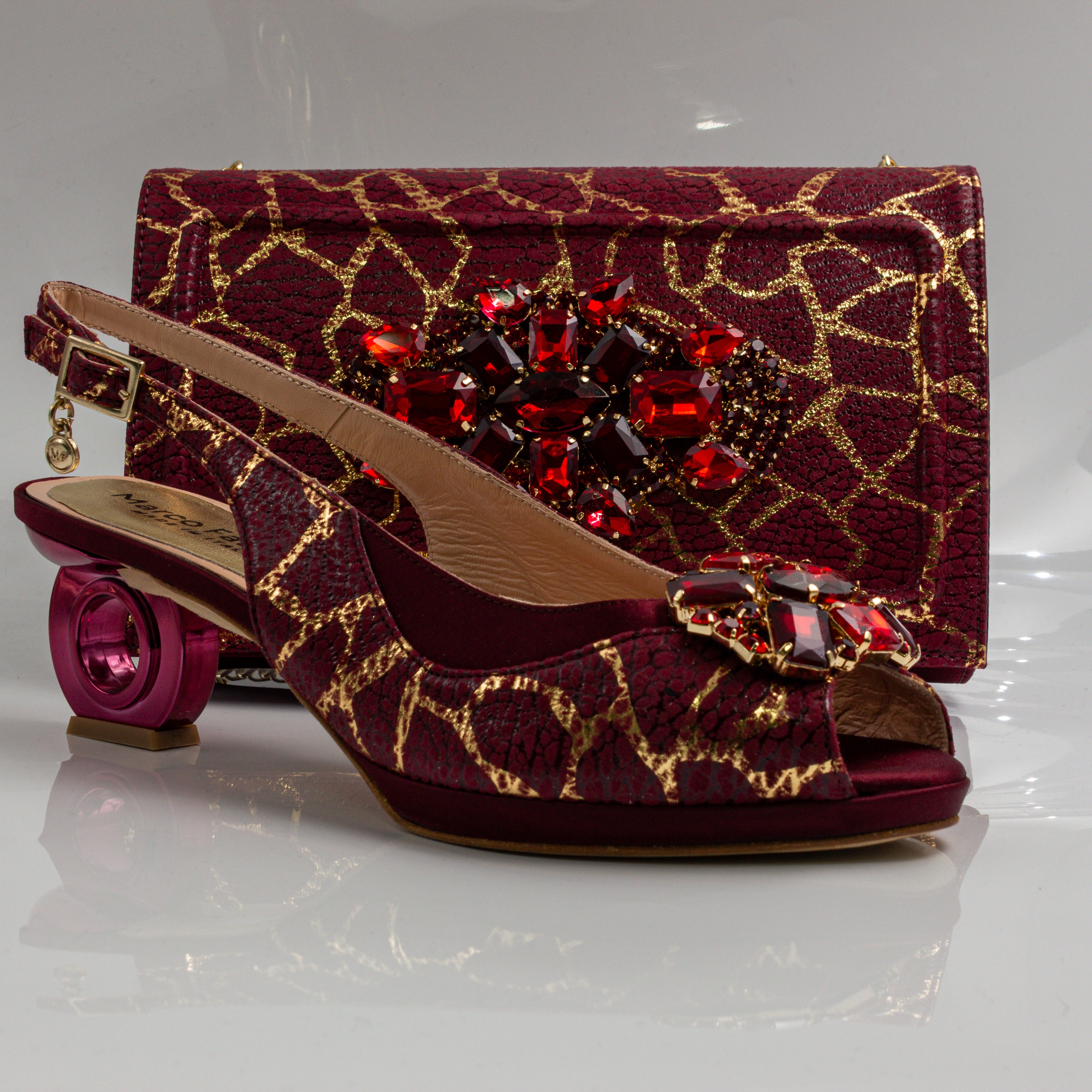 Burgundy Crackle Ornate Heel Set - Italian Shoe and Bag Set - Classic Shoes London