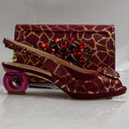 Burgundy Crackle Ornate Heel Set - Italian Shoe and Bag Set - Classic Shoes London
