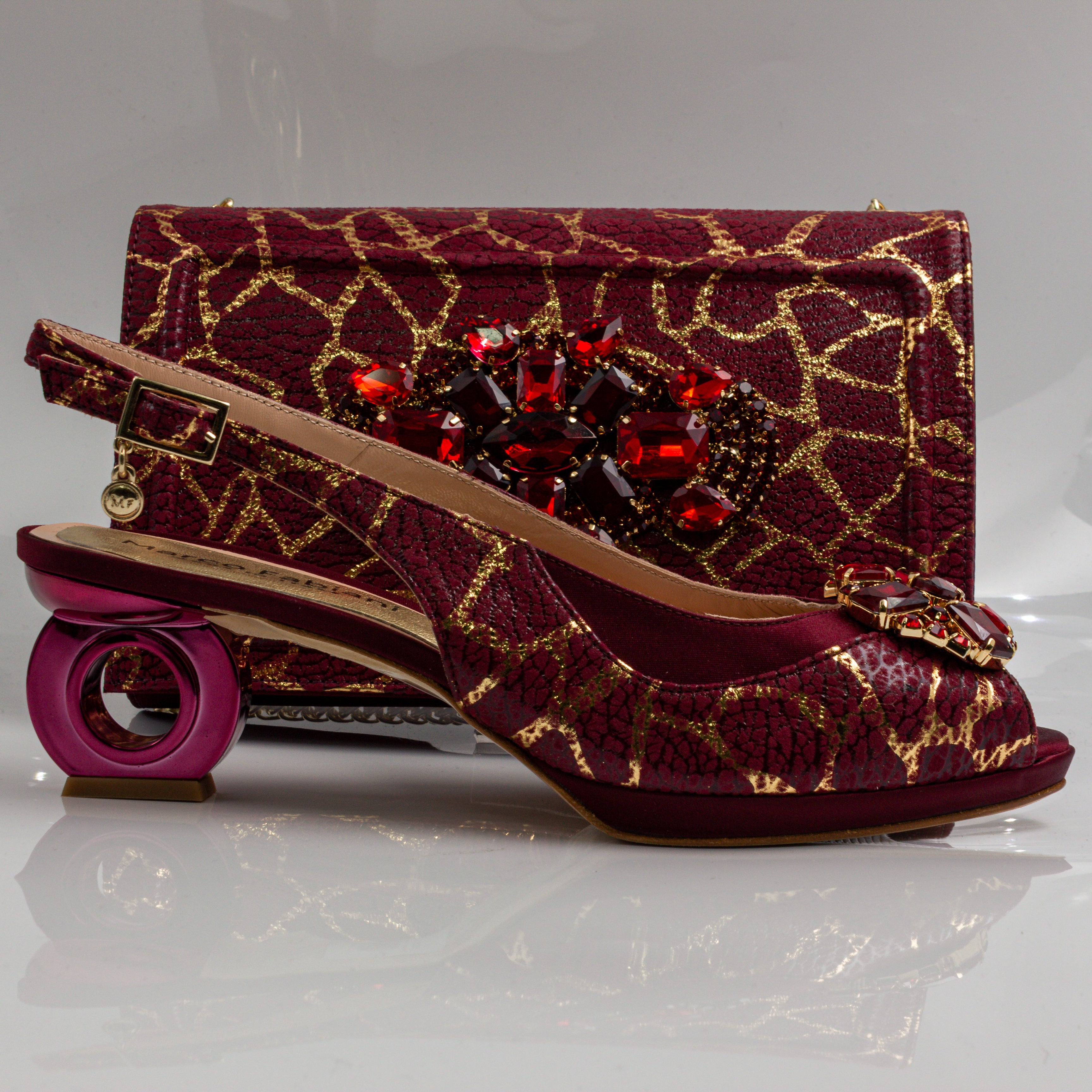 Burgundy Crackle Ornate Heel Set - Italian Shoe and Bag Set - Classic Shoes London