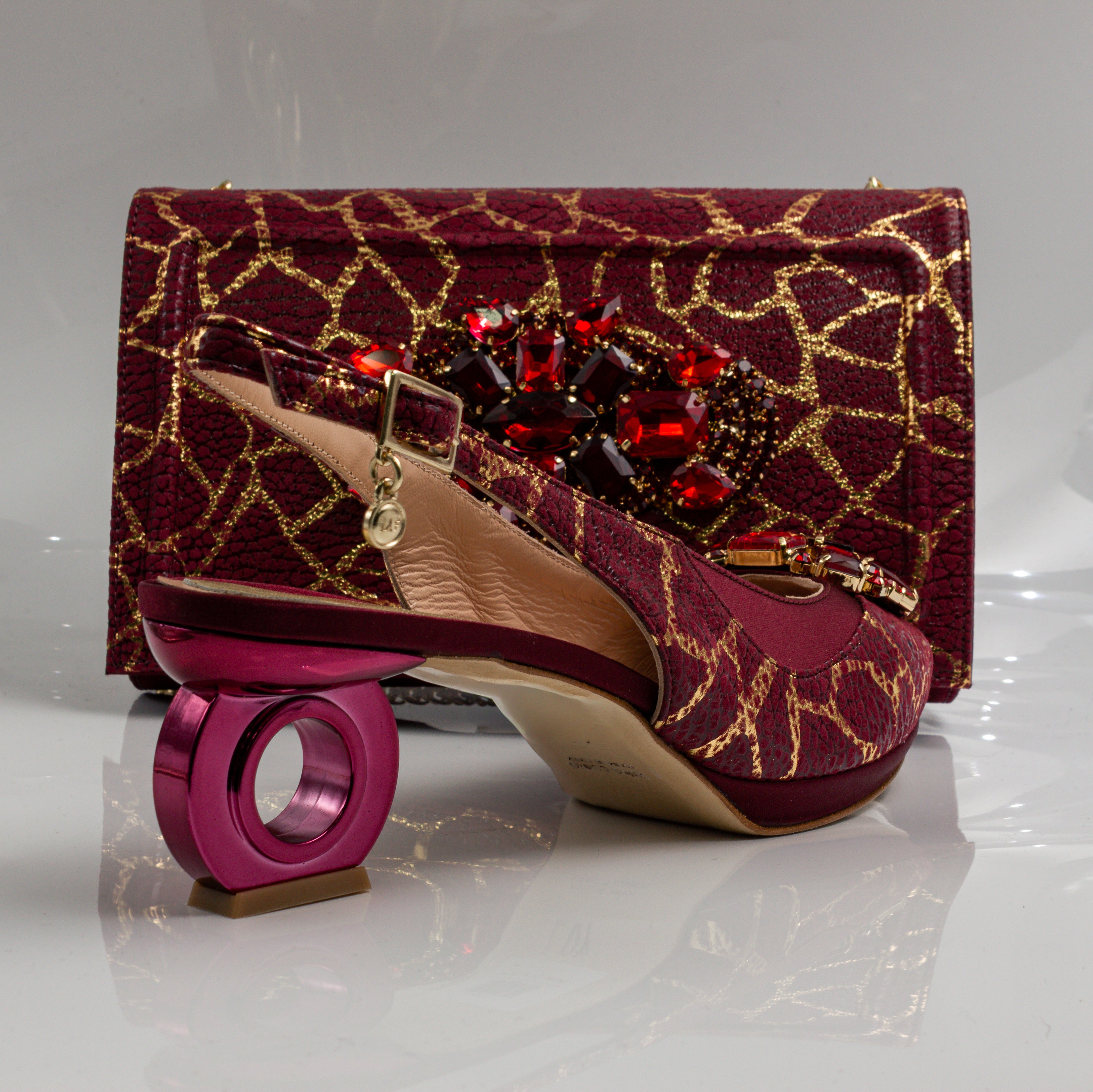 Burgundy Crackle Ornate Heel Set - Italian Shoe and Bag Set - Classic Shoes London