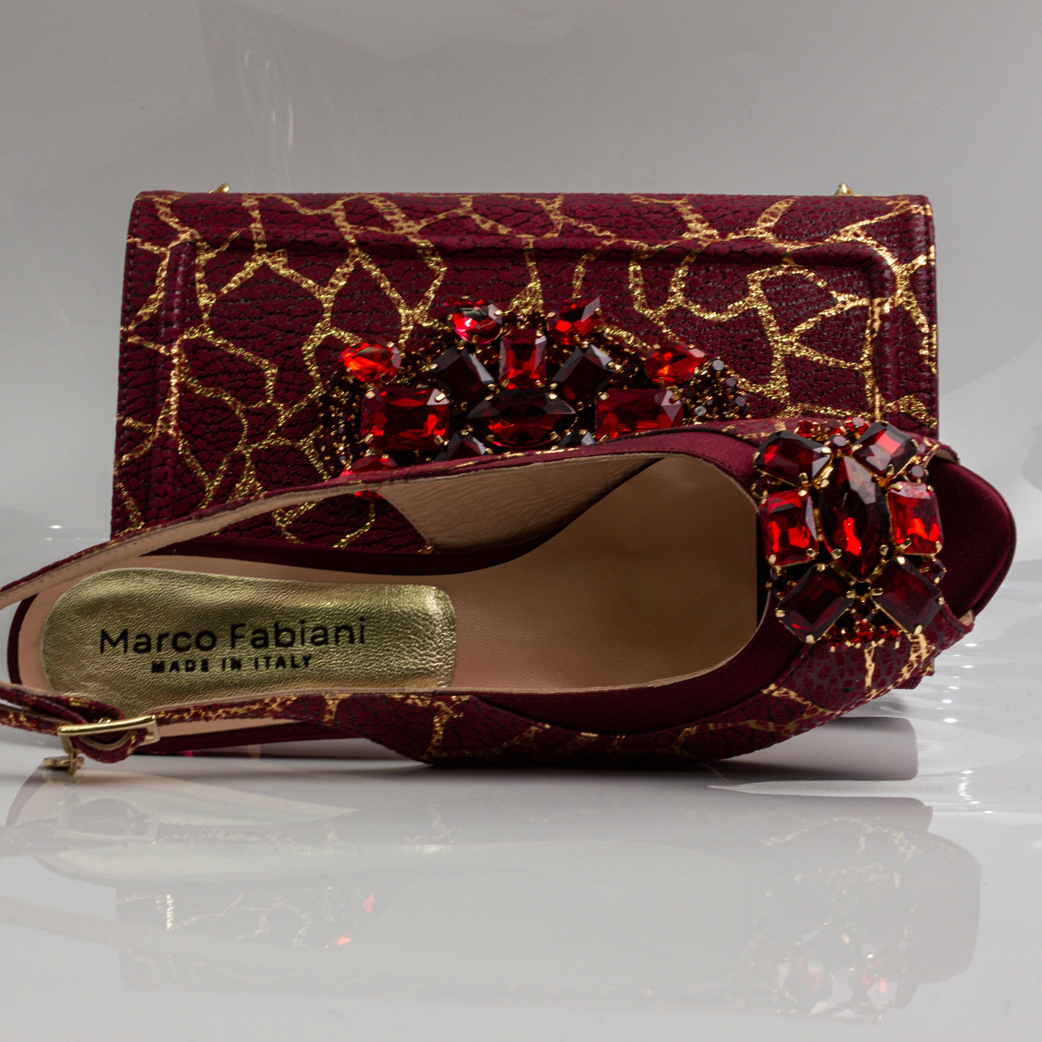 Burgundy Crackle Ornate Heel Set - Italian Shoe and Bag Set - Classic Shoes London