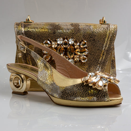 Gold Marcella Ornate Heel Set - Italian Shoe and Bag Set - Classic Shoes London