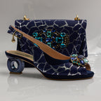 Navy Crackle Ornate Heel Set - Italian Shoe and Bag Set - Classic Shoes London