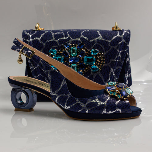 Navy Crackle Ornate Heel Set - Italian Shoe and Bag Set - Classic Shoes London