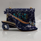Navy Crackle Ornate Heel Set - Italian Shoe and Bag Set - Classic Shoes London