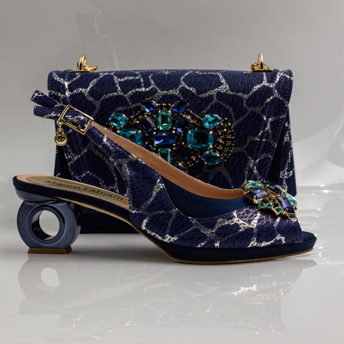 Navy Crackle Ornate Heel Set - Italian Shoe and Bag Set - Classic Shoes London