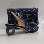 Navy Crackle Ornate Heel Set - Italian Shoe and Bag Set - Classic Shoes London