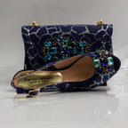 Navy Crackle Ornate Heel Set - Italian Shoe and Bag Set - Classic Shoes London