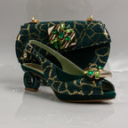 Emerald Green Crackle Ornate Heel Set - Italian Shoe and Bag Set - Classic Shoes London