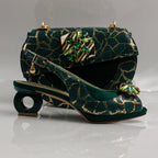 Emerald Green Crackle Ornate Heel Set - Italian Shoe and Bag Set - Classic Shoes London