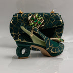 Emerald Green Crackle Ornate Heel Set - Italian Shoe and Bag Set - Classic Shoes London