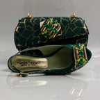 Emerald Green Crackle Ornate Heel Set - Italian Shoe and Bag Set - Classic Shoes London