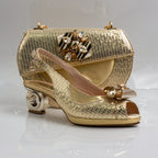 Gold Scallop Ornate Heel Set - Italian Shoe and Bag Set - Classic Shoes London
