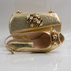 Gold Scallop Ornate Heel Set - Italian Shoe and Bag Set - Classic Shoes London