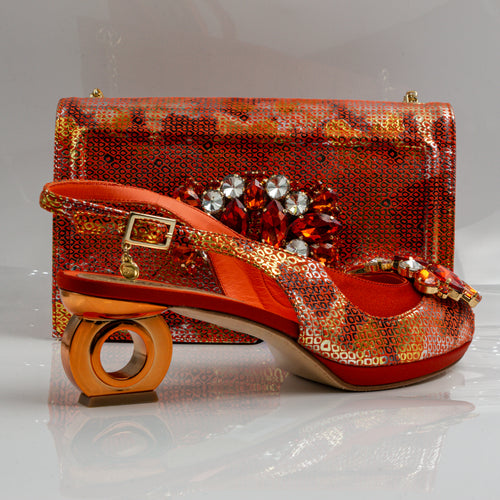 Burnt Orange Marcella Ornate Heel Set - Italian Shoe and Bag Set - Classic Shoes London