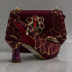 Burgundy Crackle Jewel Heel Set - Italian Shoe and Bag Set - Classic Shoes London