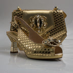 Gold Lorenza Plated Embellishment Jewel Heel Set - Italian Shoe and Bag Set - Classic Shoes London