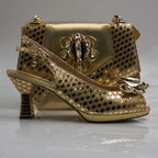 Gold Lorenza Plated Embellishment Jewel Heel Set - Italian Shoe and Bag Set - Classic Shoes London