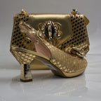 Gold Lorenza Plated Embellishment Jewel Heel Set - Italian Shoe and Bag Set - Classic Shoes London