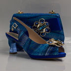Royal Blue Etched Abstract Jewel Heel Set - Italian Shoe and Bag Set - Classic Shoes London