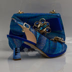 Royal Blue Etched Abstract Jewel Heel Set - Italian Shoe and Bag Set - Classic Shoes London