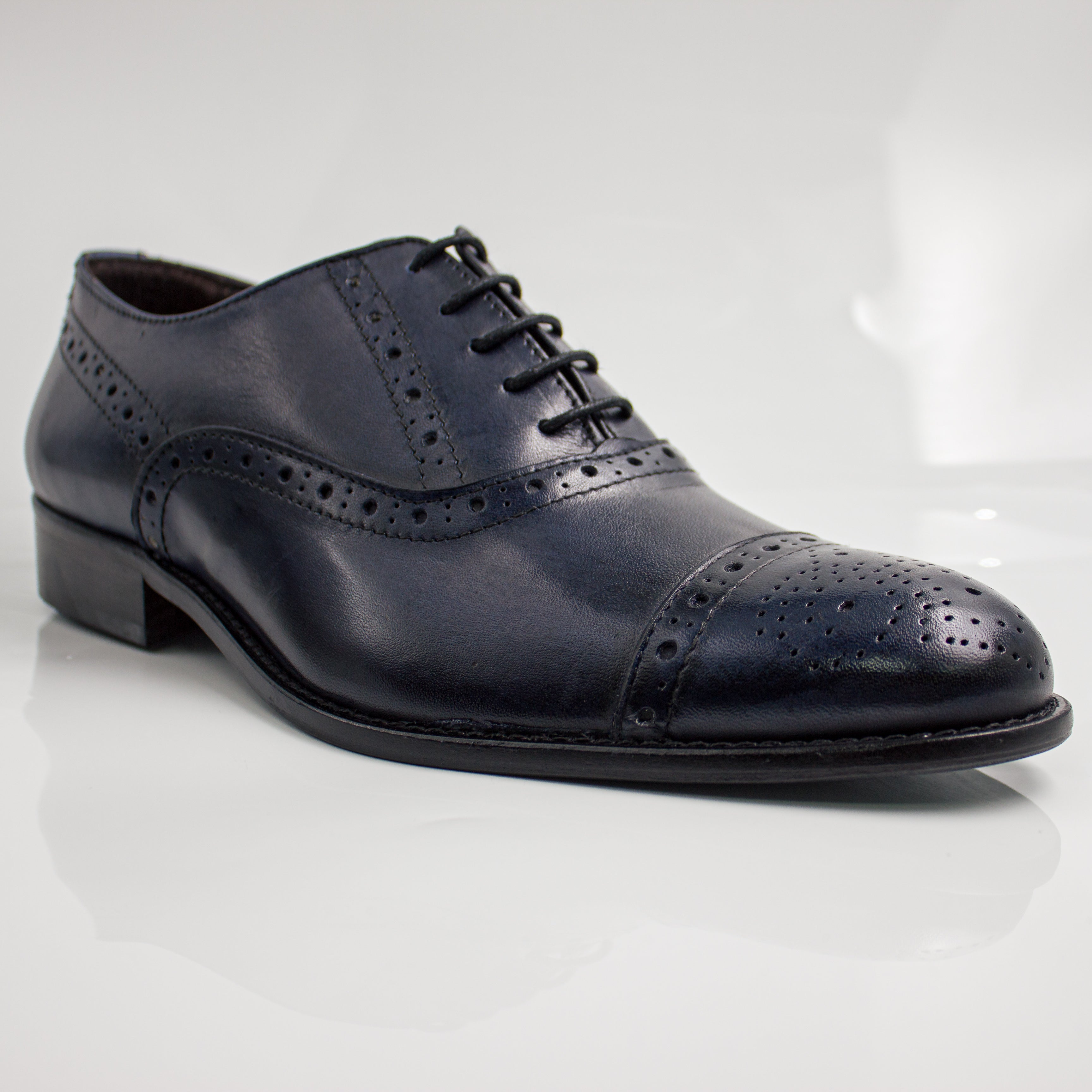 Navy Blue Brogue Cap-Toe Oxfords Office Shoes