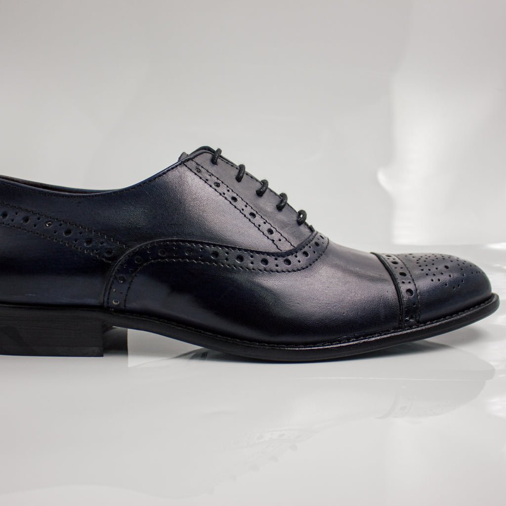 Navy Blue Brogue Cap-Toe Oxfords Office Shoes