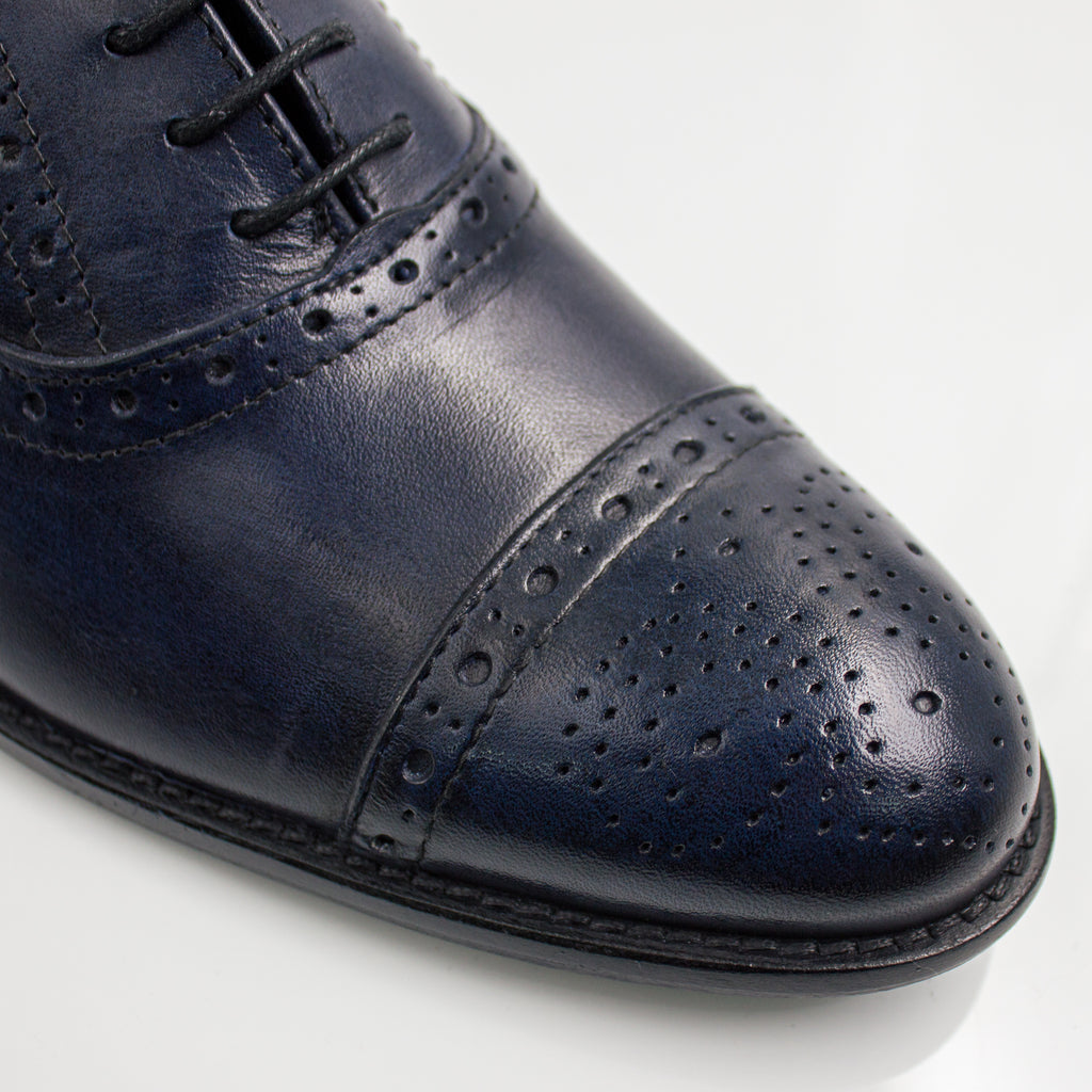 Navy Blue Brogue Cap-Toe Oxfords Office Shoes