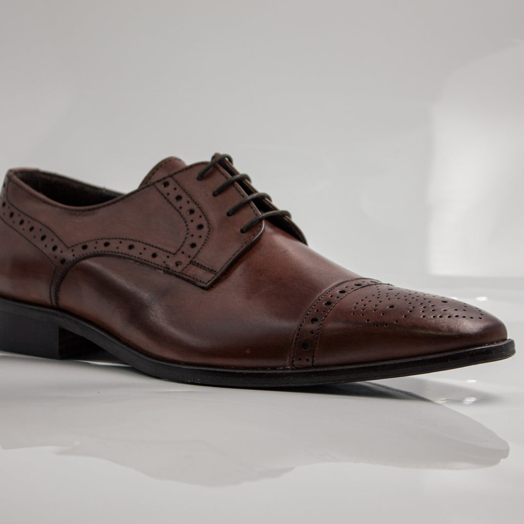 Brown Brogue Pointed Cap-Toe Derby Office Shoes